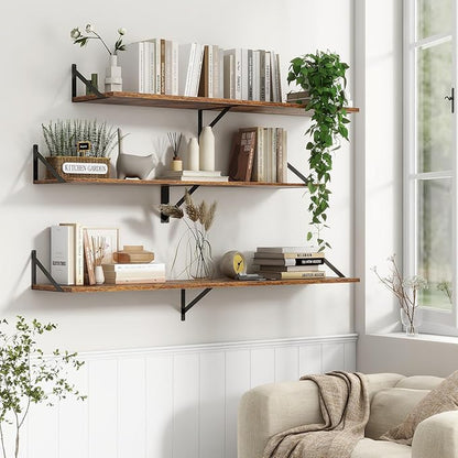 36"W x 12"D Floating Shelves, Deep Floating Shelves with Brackets, 12 Inch Deep Wall Shelves for Books, Wide Display Storage Shelves for Bathroom, Living Room, 36 Inch Long, Rustic Brown, Set of 2