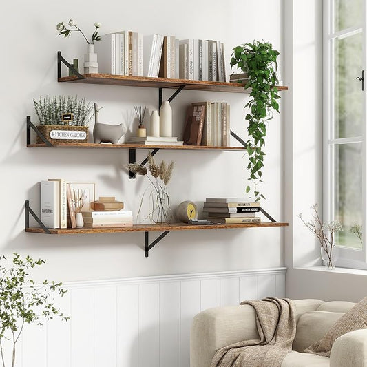 Fun Memories Deep Floating Shelves, 55W x 12D Floating Shelves for Wall, Wood Floating Shelf with Bracket, Wide Display & Storage Wall Shelves for Living Room, Bedroom, Rustic Brown