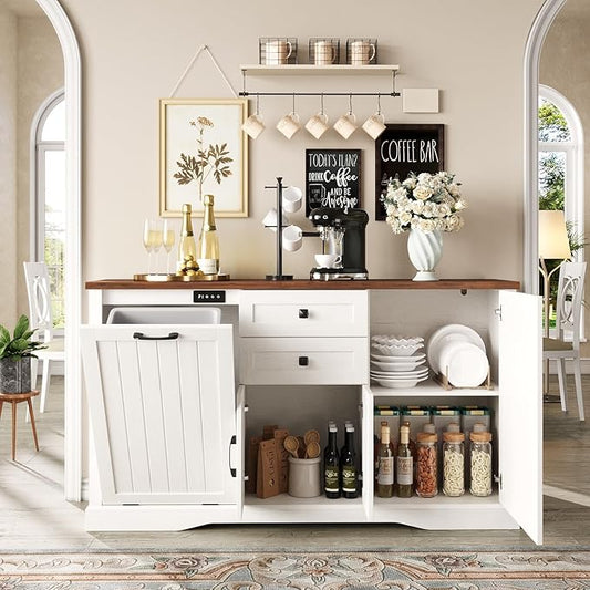 Vabches Farmhouse Buffet Cabinet with Tilt Out Trash Can, 55" Coffee Bar Cabinet&Sideboard with Storage and Drawers