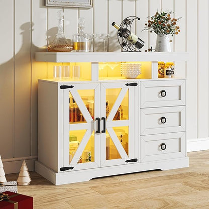 HNEBC LED Farmhouse Sideboard Buffet Cabinet with Storage, Wood Coffee Bar Station Table w/Charging Station, Large Kitchen Storage Cabinet w/Adjustable Shelf and 3 Drawers for Dining Room (White)