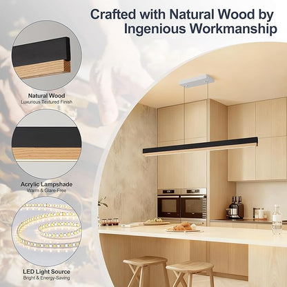 59" Wood Linear Pendant Light, Modern Pendant Lights Kitchen Island with Remote, 24W LED Hanging Pendant Light, Adjustable Linear Chandelier for Dining Room, Bar, Pool Table-Natural Wood