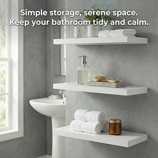 SAUMONIERES Floating Shelves Wall Shelf Solid Wood for Bathroom Bedroom Kitchen Set of 3, White Wall Shelves