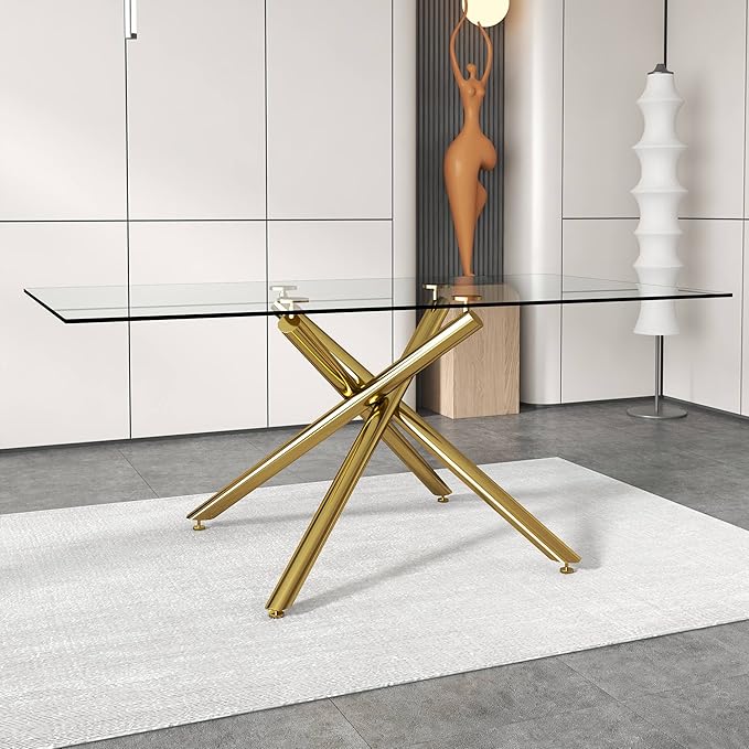 71” Glass Dining Table, Large Dining Table for 6–8 People with 0.4" Thick Tempered Glass Top, Modern Kitchen Table with Gold Metal Leg for Kitchen Dining Room