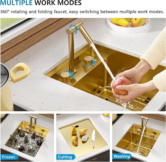 15"x17" Undermount RV Kitchen Sink Workstation – Brushed Gold NANO-PVD, 16 Gauge 304 Stainless Steel, Single Bowl Basin with Foldable Faucet for RV, Camper, Mobile Home, Wet Bar