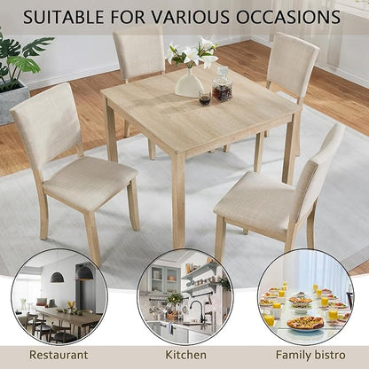 5-Piece Modern Wooden Dining Table Set for 4, Dining Table Set for 4 People with Upholstered Chairs, Square Kitchen Table and Chairs Set for Dining Room and Kitchen, Light Oak + Beige