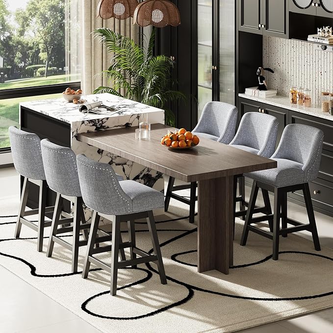 MALOL Swivel Bar Stools Set of 4, 27" Counter Height Kitchen Stools with Padded Seats and Solid Wood Legs, Upholstered Barstools for Kitchen Island, Breakfast Nook (Dark Gery)