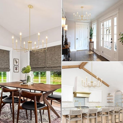 Gold Chandelier, 8-Light Farmhouse Chandeliers for Dining Room, Gold Candle Chandelier Light Fixtures for Kitchen, Living Room, Foyer, Entryway