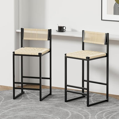 Set of 2 Woven Stools with Backrest Paper Rope Weave Dining Chairs for Kitchen Island