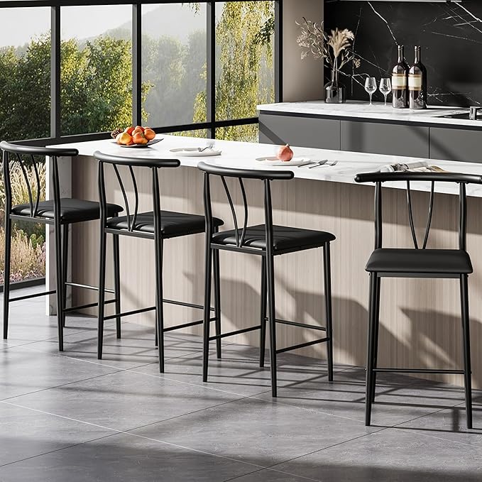 IDEALHOUSE 25.2" Bar Stools Set of 4 with Wide PU Upholstered Seat, Counter Height Bar Stools Set with Footrest & Curved Back, Metal Barstools Set for Kitchen Islands, Counter Bars, Black