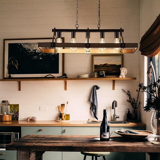 Farmhouse Chandeliers for Dining Room, 5-Light Rustic Kitchen Island Light Fixture, Wood Linear Industrial Black Rectangular Ceiling
