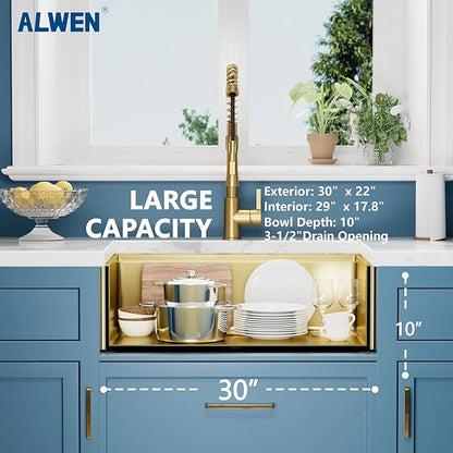 30" Luxury Gold Farmhouse Sink – ALWEN 16 Gauge Workstation Apron Front Sink, 10" Depth Single Bowl with R10 Radius & Accessories