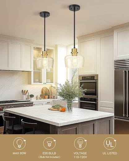 Emak 2 Pack Black Gold Pendant Lights Kitchen Island, Modern 8 Inch Clear Glass Pendant Light, Farmhouse Island Lights for Kitchen, Bathroom, Dining Room, PL122-BKBGD-CG-2PK