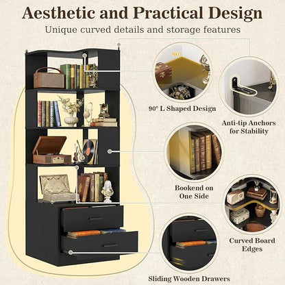 Armocity Corner Bookshelf with Drawers, 7 Tier Corner Book Shelf Display Bookcase, Freestanding L Shaped Bookshelf for Bedroom, Living Room, Home Office, Black