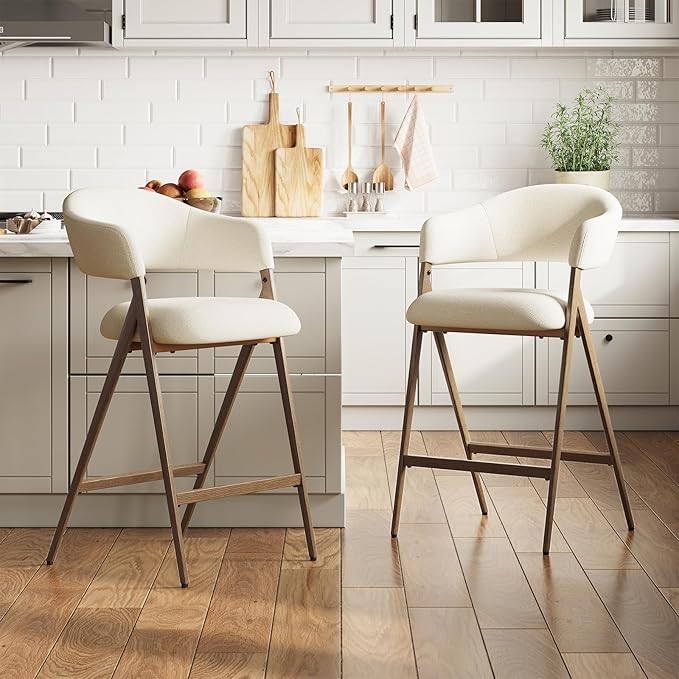 COLAMY Bar Stools Set of 2, Counter Height Bar Stools with Back, Modern Upholstered Island Stools with Metal Legs for Kitchen Island, Counter, Dining Room, Beige