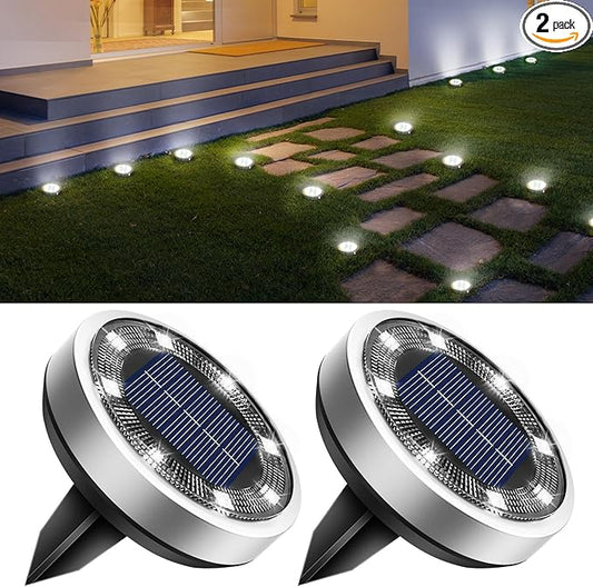 btfarm 2 Pack Solar Lights Outdoor, 8 LED Solar Ground Lights IP65 Waterproof Flat Solar Disc Light, Pathway Lights for Garden Lawn Patio Yard Path Landscape, Cool White