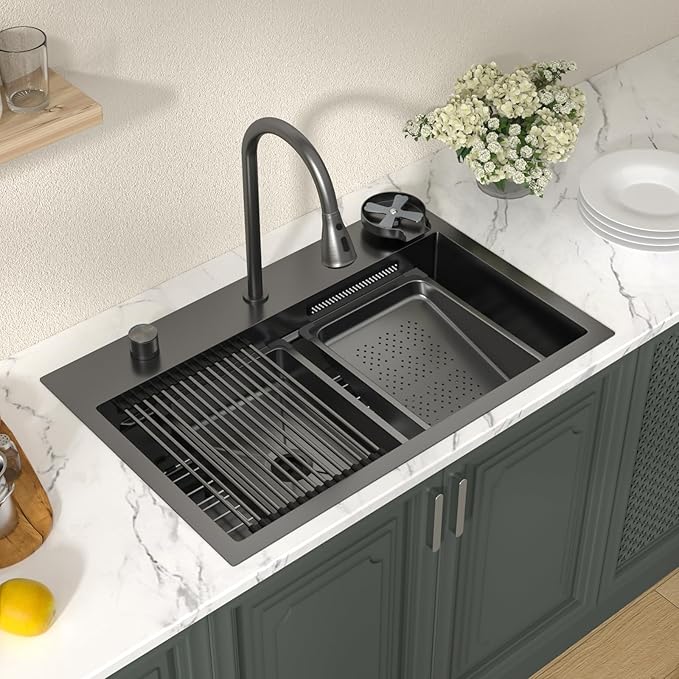 Lordear 31 Inch Drop In Waterfall Kitchen Sink with Faucet 31x20 Black Kitchen Sink Ledge Workstation Gunmetal Black 16 Gauge Single Bowl Topmount Handmade Sinks with Cup Washer