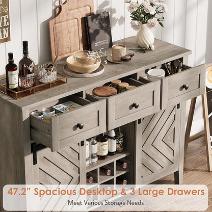 CABIHOME Farmhouse 47.2'' Buffet Cabinet with Sliding Barn Door, 33.4'' Tall Rustic Sideboard with 3 Drawer, Adjustable Shelf and Removable Wine Rack for Dining Room, Kitchen, Living Room, Vintage