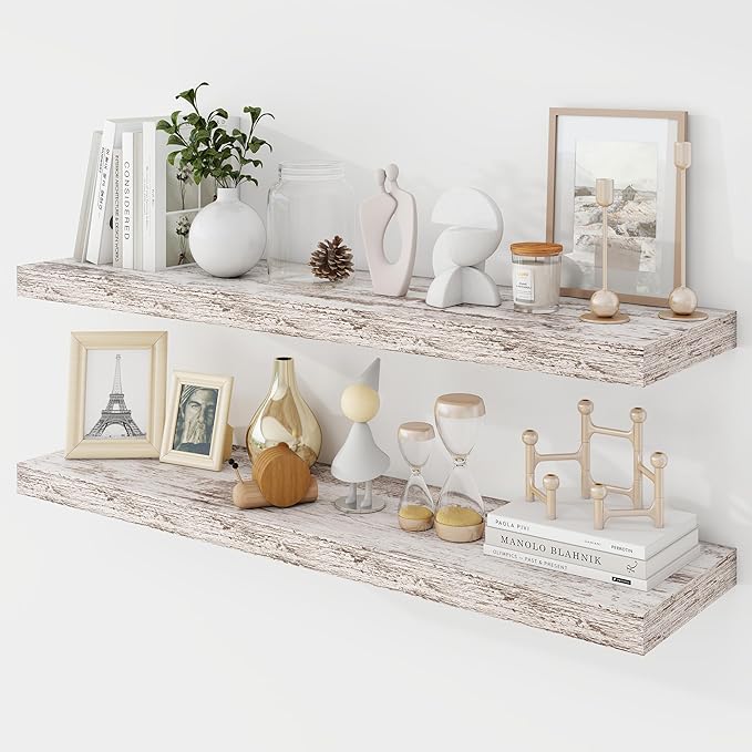 Acovy 36 Inch Floating Shelves, 9.3" Deep Floating Shelf Wall Mounted, 36" Wall Shelves, Rustic Deep Bookshelf, Large Display Shelves & Storage Shelves for Bedroom, Living Room, Rustic, Set of 2