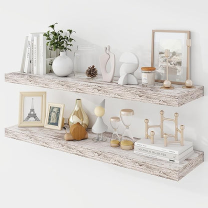 Acovy 36 Inch Floating Shelves, 9.3" Deep Floating Shelf Wall Mounted, 36" Wall Shelves, Rustic Deep Bookshelf, Large Display Shelves & Storage Shelves for Bedroom, Living Room, Rustic, Set of 2