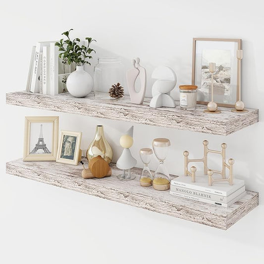 Acovy 36 Inch Floating Shelves, 9.3" Deep Floating Shelf Wall Mounted, 36" Wall Shelves, Rustic Deep Bookshelf, Large Display Shelves & Storage Shelves for Bedroom, Living Room, Rustic, Set of 2