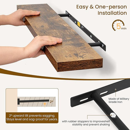 Dreamland 72Inch Floating Shelves for Wall, Rustic Wooden Storage Shelf for Living Room, Kitchen, Farmhouse, Wall Mounted Display Shelving with Invisible Heavy-Duty Metal Bracket, Set of 2 - Brown