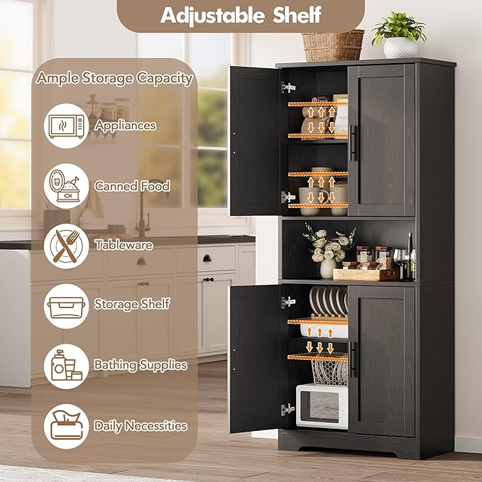 IDEALHOUSE Kitchen Pantry Cabinet, 70in Tall Storage Cabinet with Doors and Adjustable Shelves, Freestanding Cupboard for Living Room, Dining Room, Bathroom (Black)