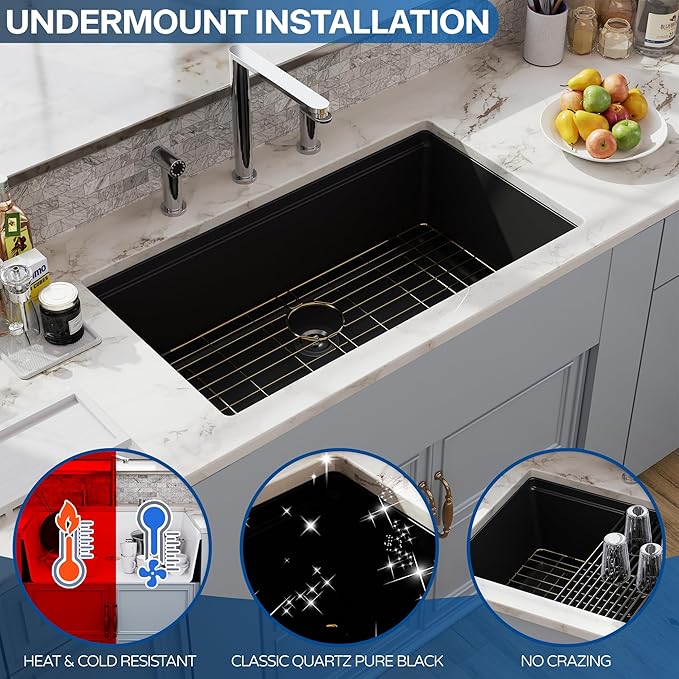 33 Black Granite Composite Kitchen Sink, Hugsleek Undermount Granite Sink Quartz 33x19 inch Workstation Ledge Under Counter Mount Single Bowl Sinks Basin With Black & Gold Sinks Accessories