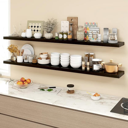 Acovy 72 Inch Floating Shelves, 9.3" Deep Floating Shelf Wall Mounted, 72" Wall Shelves, Rustic Deep Bookshelf, Large Display Shelves & Storage Shelves for Bedroom, Living Room, Black, Set of 2