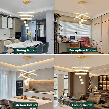 ORANOOR LED Modern 3 Ring Chandeliers for Dining Room, 24in Dimmable Kitchen Pendant Lamp, Gold Dining Room Light Fixtures Ceiling Hanging Over Table, Globe Round Chandeliers for Living Room Bedroom