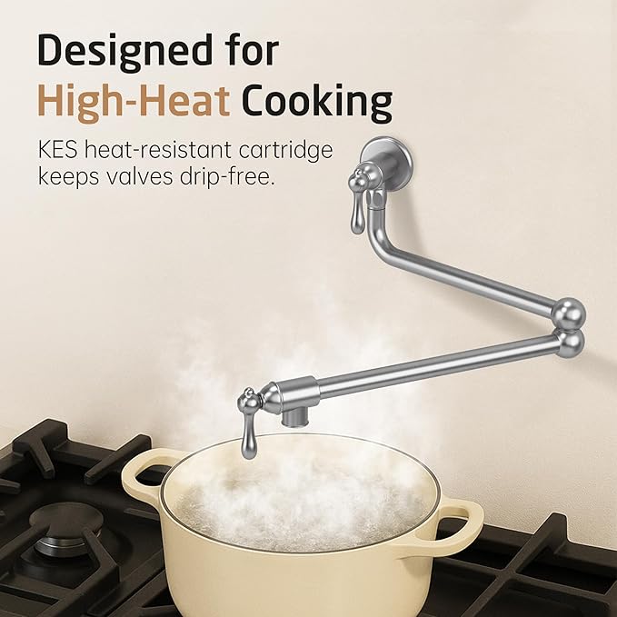 KES Upside Down Pot Filler Faucet with Heat-Resistant Cartridge, 26'' No Leak Over Stove Pot Filler Faucets Double Joints Swing Arm, No Lead, Wall Mount, 18/8 Stainless Steel, Brushed Nickel