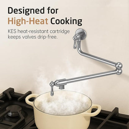 KES Upside Down Pot Filler Faucet with Heat-Resistant Cartridge, 26'' No Leak Over Stove Pot Filler Faucets Double Joints Swing Arm, No Lead, Wall Mount, 18/8 Stainless Steel, Brushed Nickel