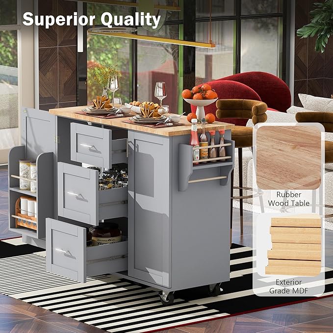 Rolling Kitchen Island with Storage, Kitchen Cart with Rubber Wood Top,3 Drawer,2 Slide-Out Shelf and Internal Storage Rack, Kitchen Island on Wheels with Spice Rack & Tower Rack (Grey-Blue~09)