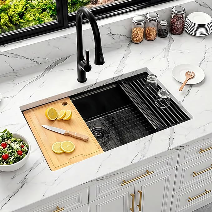 32 Inch Black Undermount Kitchen Sink,16 Gauge 304 Stainless Steel Kitchen Sink Single Bowl, 32"x19"x10" Undermount Sink Ledge Workstation Sinks With All Accessories, Large and Deep Sink