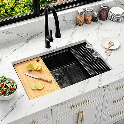 32 Inch Black Undermount Kitchen Sink,16 Gauge 304 Stainless Steel Kitchen Sink Single Bowl, 32"x19"x10" Undermount Sink Ledge Workstation Sinks With All Accessories, Large and Deep Sink
