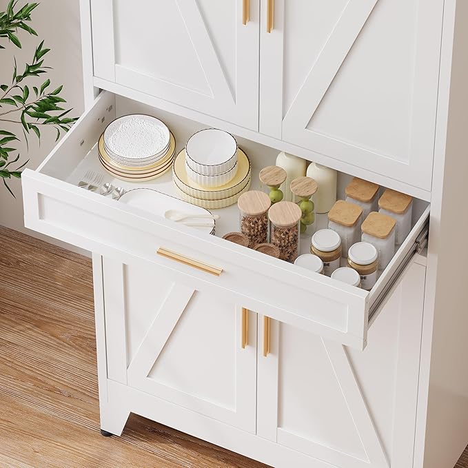 71“H Metal Kitchen Pantry Cabinet with Drawers,White Kitchen Pantry Cabinets,Tall Food Storage Cabinets,Free Standing Pantry Cabinet with 4 Doors,Farmhouse Pantry Cabinets