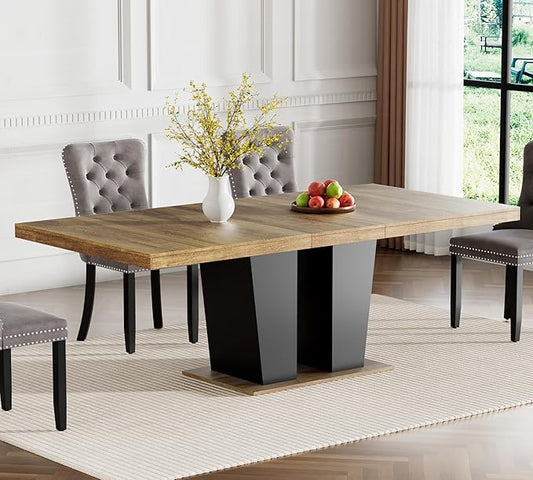 78.74" Extendable Dining Table for 6 8 10, Modern Farmhouse Expandable Kitchen Table with Dual Column Pedestal, Large Rectangle Wooden Expanding Table for Kitchen Dining Conference Room, Brown & Black