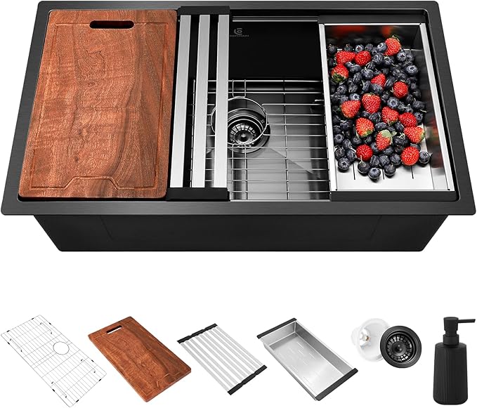 32x19 Inch Undermount Kitchen Sink Luxury Nano-coating Single Bowl Black Kitchen Sinks 16 Gauge Stainless Steel Soundproof Kitchen Workstation with 6 Accessories (Black)