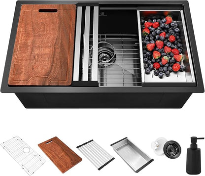 32x19 Inch Undermount Kitchen Sink Luxury Nano-coating Single Bowl Black Kitchen Sinks 16 Gauge Stainless Steel Soundproof Kitchen Workstation with 6 Accessories (Black)