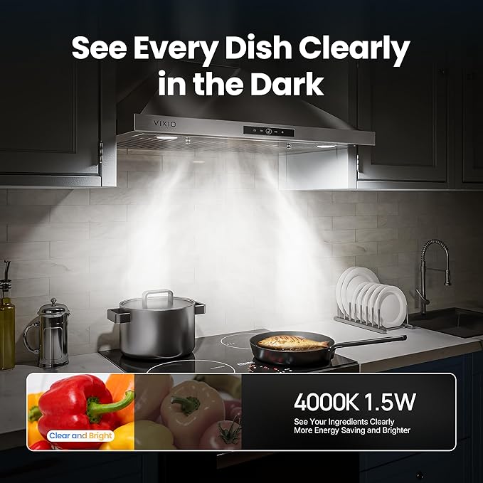 VIKIO HOME Wall Mount Range Hood 30 inch, 580 CFM, Ducted/Ductless Convertible, Stainless Steel Kitchen Vent Hood with 3-Speed Fan and LED Lights