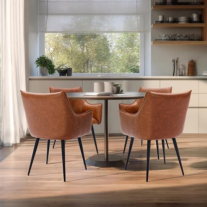 Brown PU Leather Chair, Upholstered Dining Room Chairs with Arms Set of 6 Mid Century Modern Kitchen Chair with Black Metal Legs Comfy Desk Armchair for Restaurant