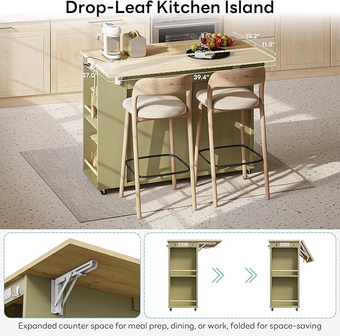 LIKIMIO Rolling Kitchen Island with Storage, 39.4" W Mobile Cart with Power Outlet & Drop Leaf Table, 2 Drawers, Removable 12 Grids, 3 Wine Racks, 360°Casters, Adjustable Shelf, Glass Door, Green