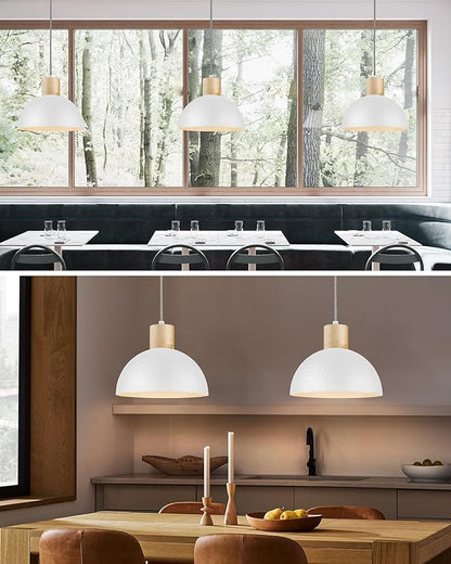 ELYONA 12" Hammered Pendant Light, Metal Dome Hanging Lamp Modern Solid Wood Pendant Light Fixtures for Kitchen Island, Farmhouse, Dining Room, Sink, Bedroom, Hallway, Nordic White