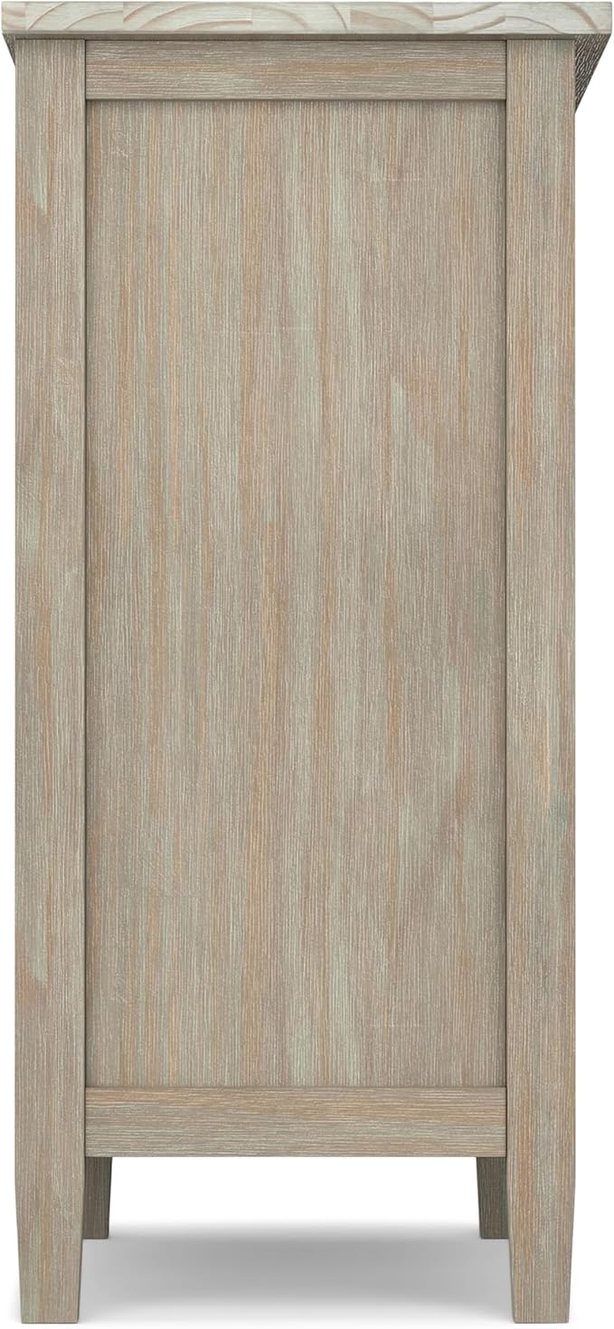 SIMPLIHOME Warm Shaker Storage Cabinet - 32 inch Wide Solid Wood 2-Shelf Low Storage Cabinet in Distressed Grey, Transitional Accent Cabinet for Entryway with Tempered Glass Doors and Shelves