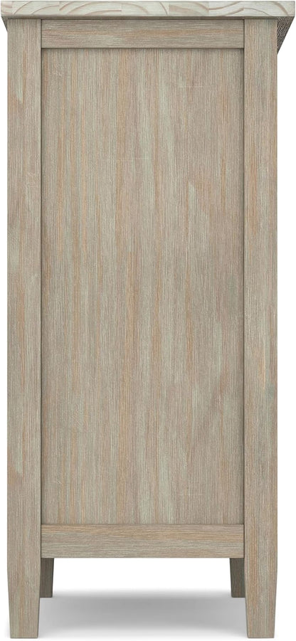SIMPLIHOME Warm Shaker Storage Cabinet - 32 inch Wide Solid Wood 2-Shelf Low Storage Cabinet in Distressed Grey, Transitional Accent Cabinet for Entryway with Tempered Glass Doors and Shelves