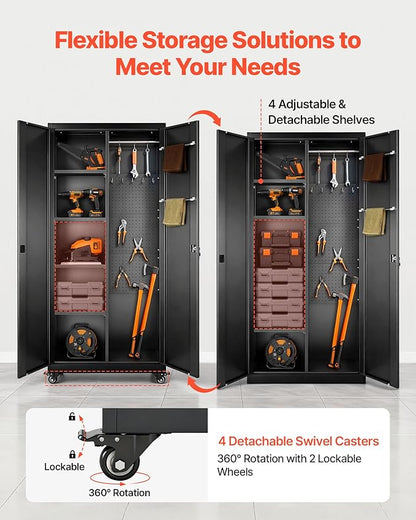 VEVOR Metal Storage Cabinet, 70.6 in Rolling Steel Garage Cabinet with Adjustable Shelves, 2 Magnetic Doors, Hanging Rod & 3 Rod Hooks, 5 Tiers Lockable Tool Storage for Pantry, Warehouse, Basement