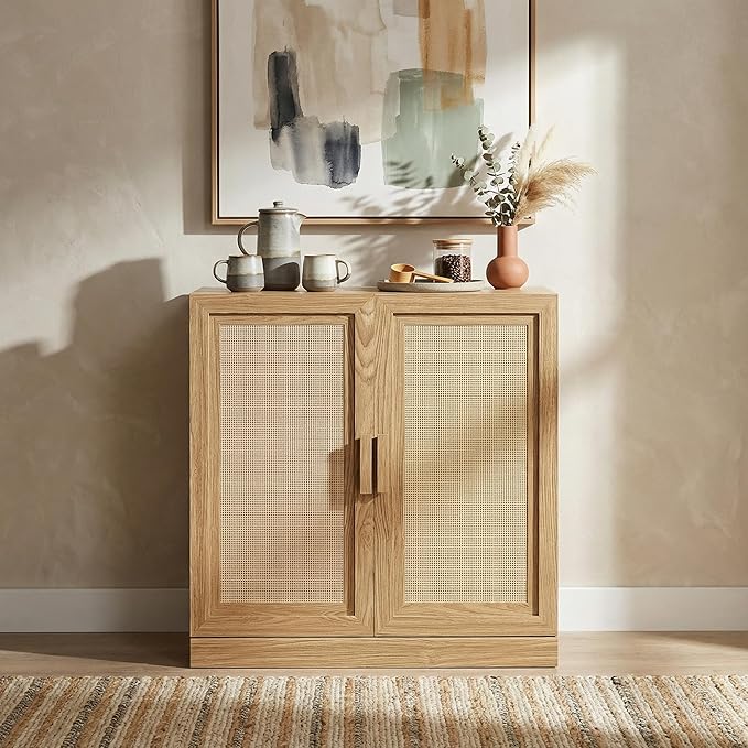 Casaphoria Adam Sideboard Buffet Cabinet with Storage, Sideboard Cabinet with Rattan Doors & Adjustable Shelves, 31" W x 36" H Coffee Bar for Entryway Kitchen Living Room, Oak