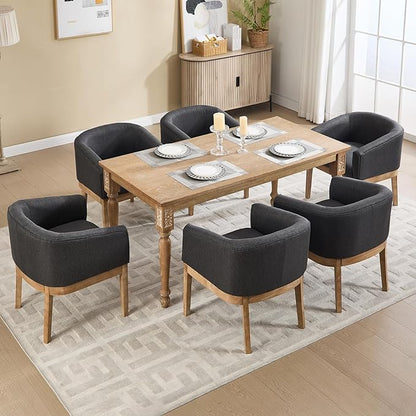 Barrel Dining Chairs Set of 6, Mid Century Modern Farmhouse Kitchen Chairs with Wood Legs, Linen Upholstered Accent Chair with Arms for Living Room/Bedroom, Grey