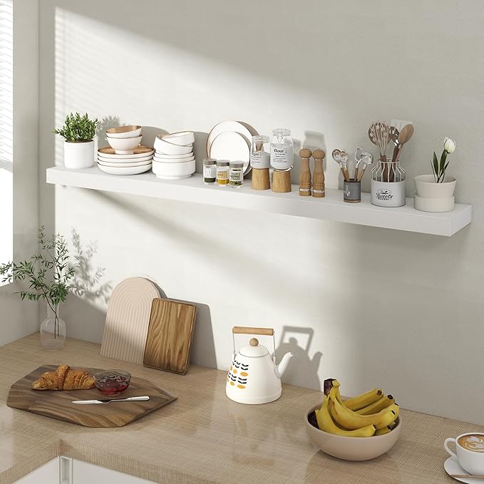 Acovy 48 Inch Floating Shelves for Wall 1 Pack, 48" Wall Shelves for Books, Storage, Decor, Wall Mounted Floating Shelf with Invisible Brackets for Kitchen, Living Room, White