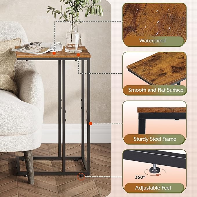 WLIVE Brown Side Tables Living Room, C Shaped End Table for Couch, Sofa and Bed, Large Desktop C Table for Bedroom, Home Office, Small Spaces, Rustic Brown