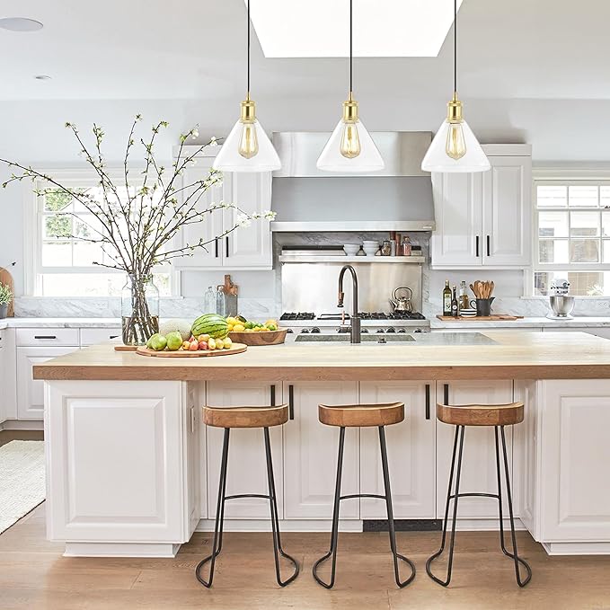 JONATHAN Y 30.5" Brass Gold/Black 3-Light Iron and Glass Linear Pendant Light, Adjustable Height for Kitchen Island Dining Room, Modern Farmhouse, LED Bulbs Included JYL1123A